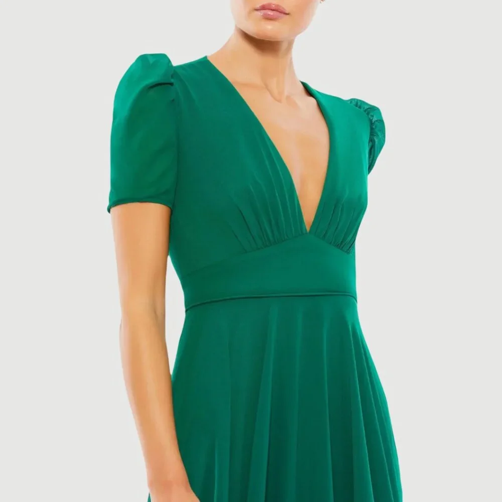 Mac‎ Duggal 55681 Womens Size 6 Green Short Puff Sleeve V-Neck Long Maxi Dress